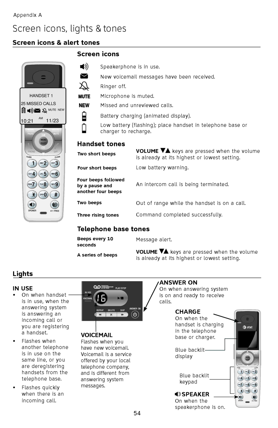 AT&T SL87218 Screen icons, lights & tones, Screen icons & alert tones, Handset tones, Telephone base tones, Lights 